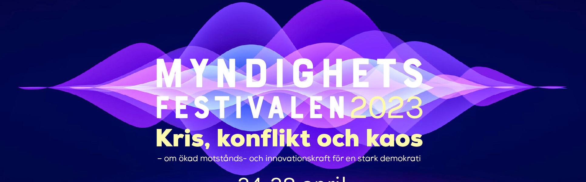 Svart bakgrund med lila vågformer och texten Myndighetsfestivalen 2023.